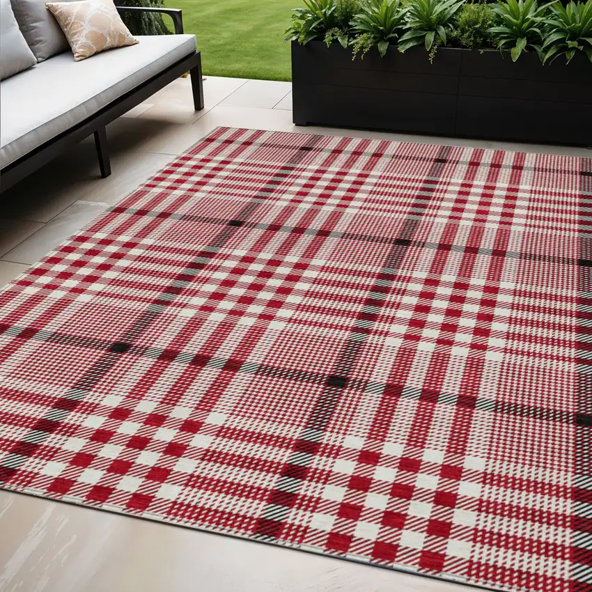 Red Black And Ivory Plaid Washable Indoor Outdoor Area Rug Photo 1