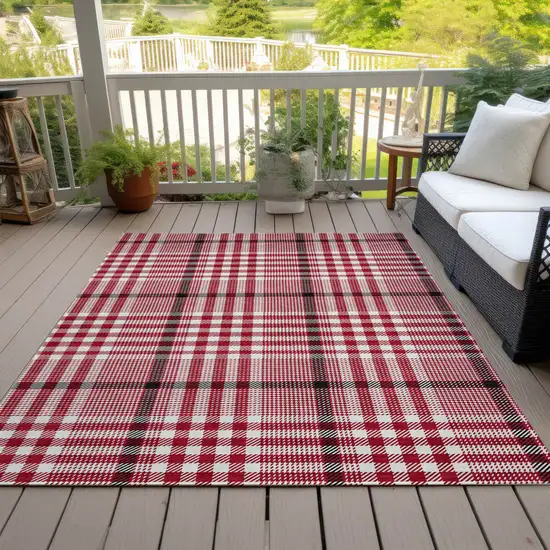 Red Black And Ivory Plaid Washable Indoor Outdoor Area Rug Photo 7