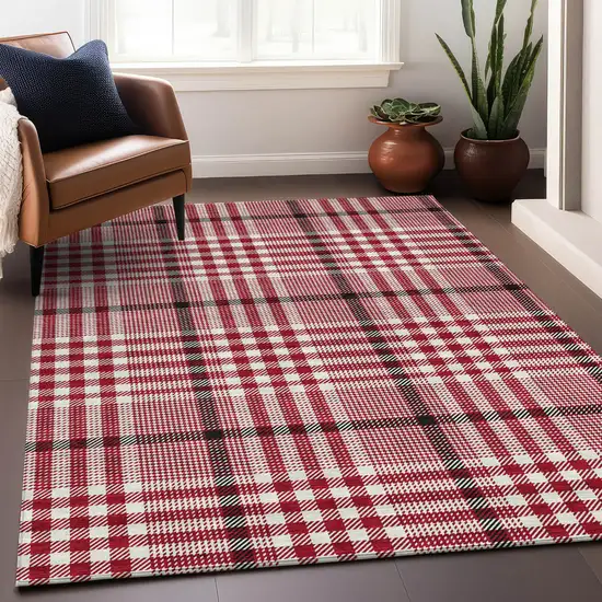 Red Black And Ivory Plaid Washable Indoor Outdoor Area Rug Photo 8