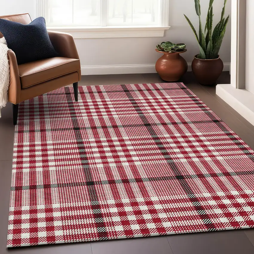 Red Black And Ivory Plaid Washable Indoor Outdoor Area Rug Photo 8
