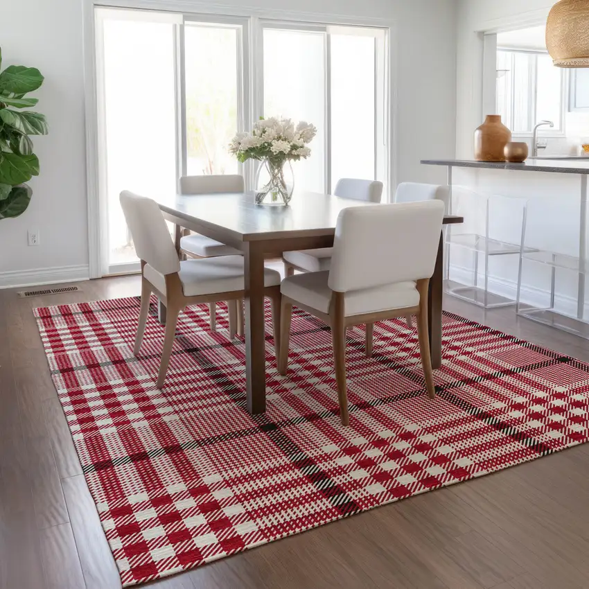 Red Black And Ivory Plaid Washable Indoor Outdoor Area Rug Photo 9