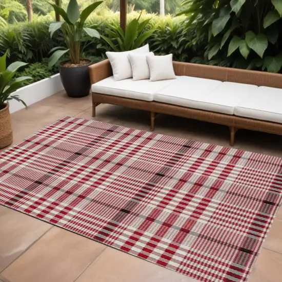 Red Black And Ivory Plaid Washable Indoor Outdoor Area Rug Photo 1