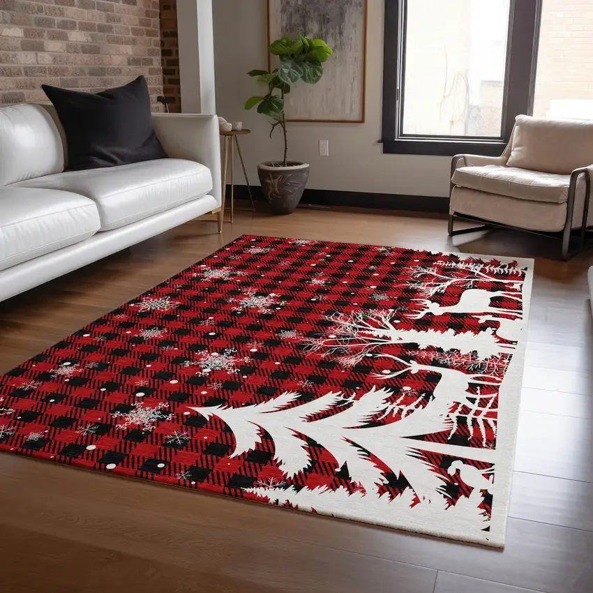 Red Black And Ivory Plaid Washable Indoor Outdoor Area Rug Photo 6