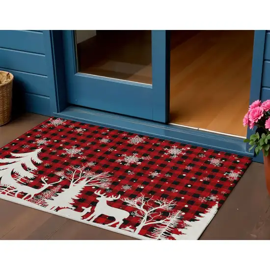 Red Black And Ivory Plaid Washable Indoor Outdoor Area Rug Photo 2