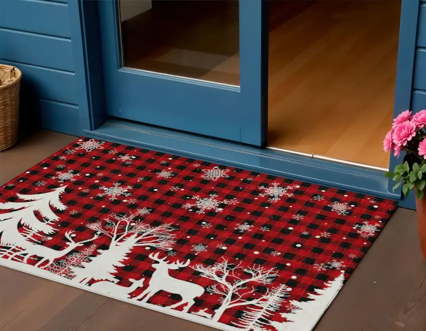 Red Black And Ivory Plaid Washable Indoor Outdoor Area Rug Photo 2