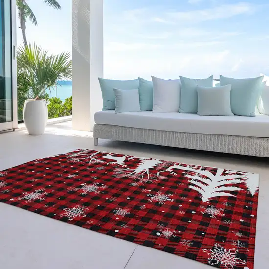 Red Black And Ivory Plaid Washable Indoor Outdoor Area Rug Photo 5