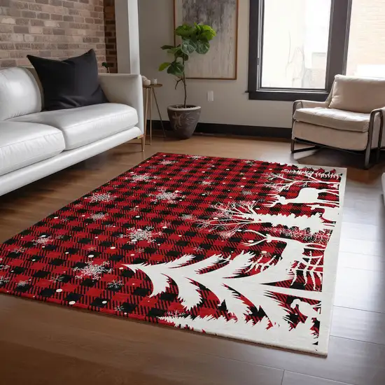 Red Black And Ivory Plaid Washable Indoor Outdoor Area Rug Photo 6