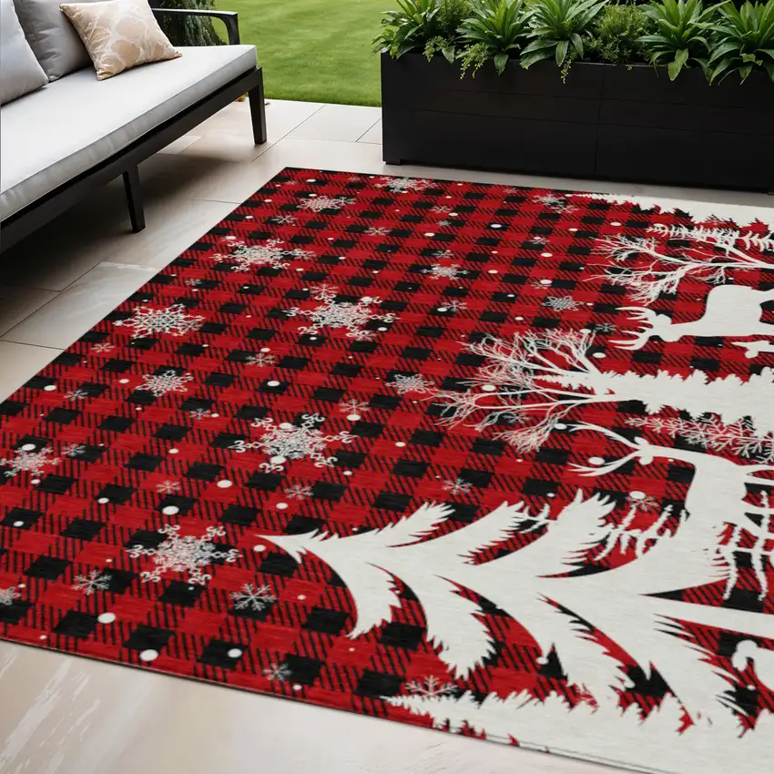 Red Black And Ivory Plaid Washable Indoor Outdoor Area Rug Photo 2