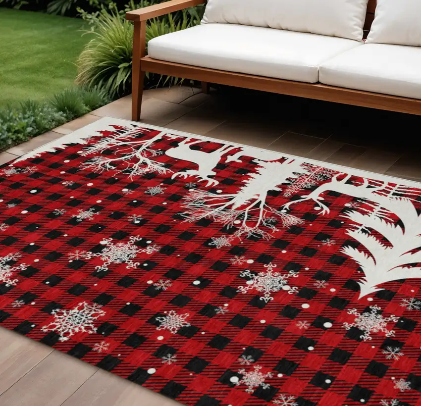 Red Black And Ivory Plaid Washable Indoor Outdoor Area Rug Photo 1