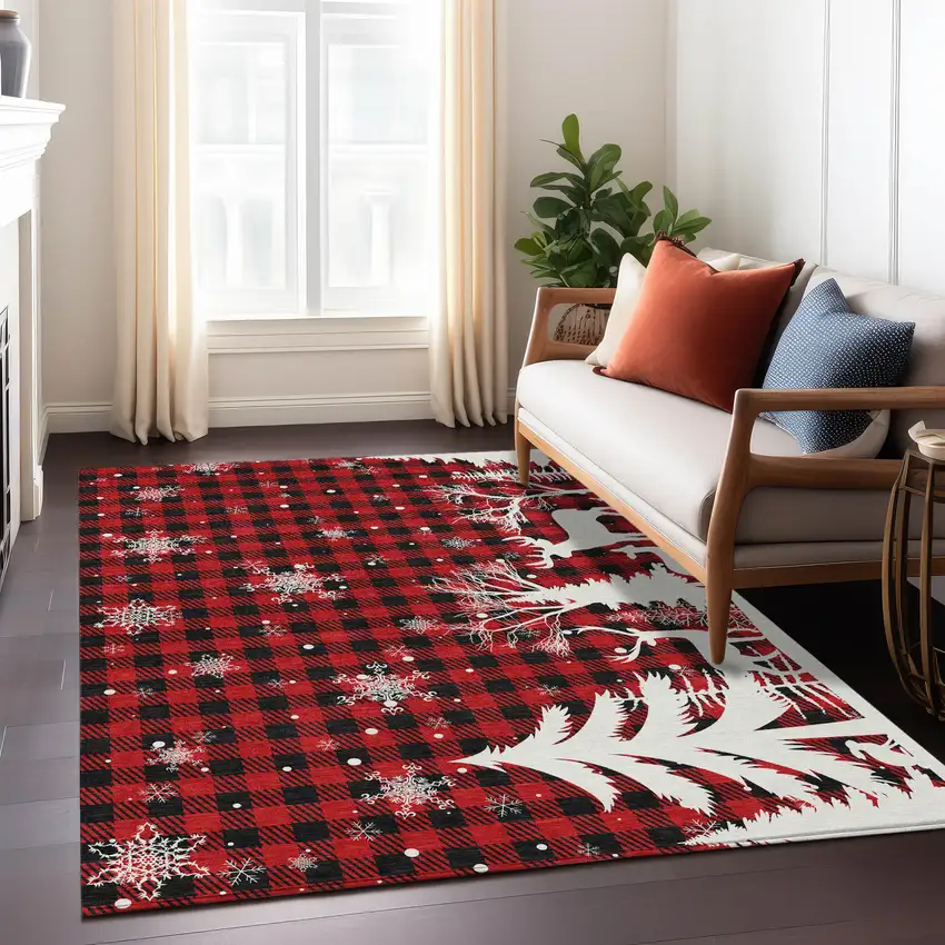 Red Black And Ivory Plaid Washable Indoor Outdoor Area Rug Photo 7