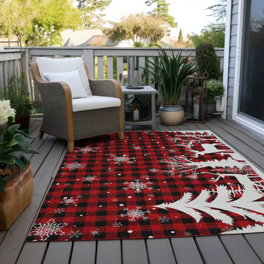 Red Black And Ivory Plaid Washable Indoor Outdoor Area Rug Photo 8