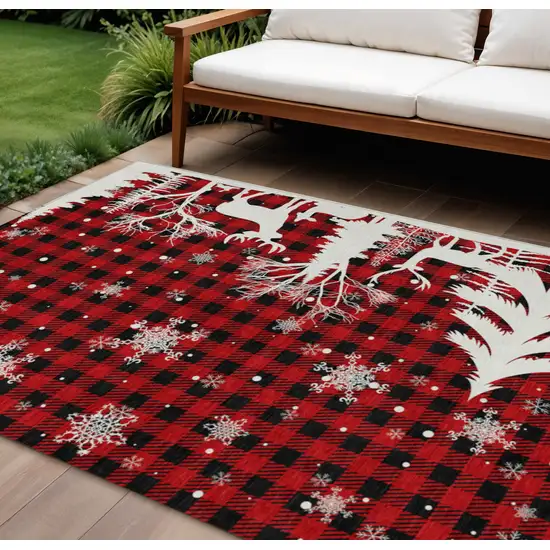 Red Black And Ivory Plaid Washable Indoor Outdoor Area Rug Photo 2