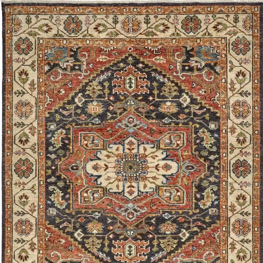 Red Black And Ivory Wool Floral Hand Knotted Stain Resistant Area Rug Photo 4