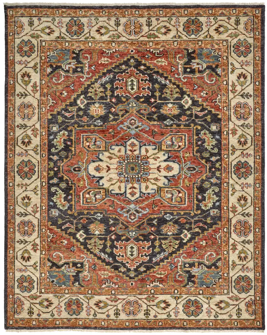 Red Black And Ivory Wool Floral Hand Knotted Stain Resistant Area Rug Photo 2