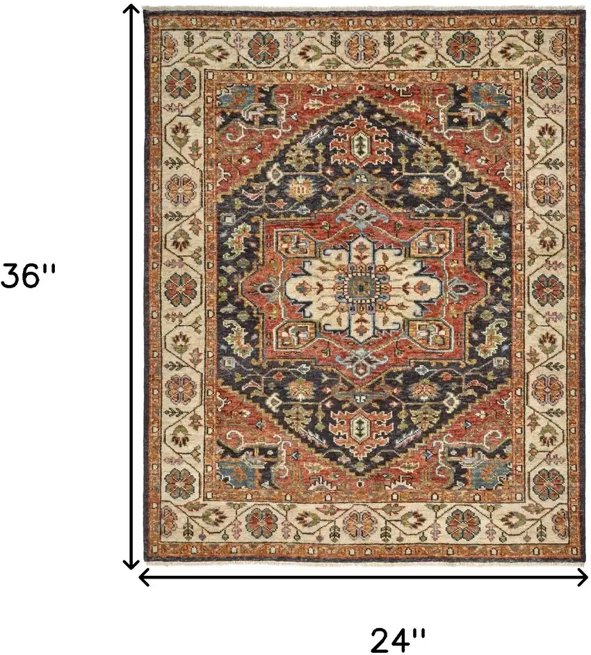 Red and Black Wool Floral Hand Knotted Area Rug Photo 3