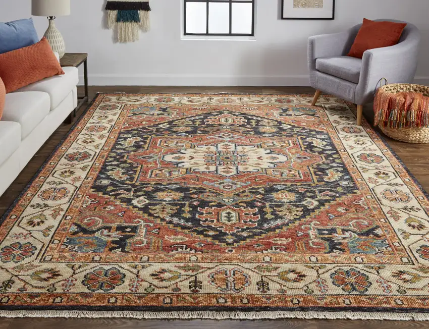 Red Black And Ivory Wool Floral Hand Knotted Stain Resistant Area Rug Photo 6