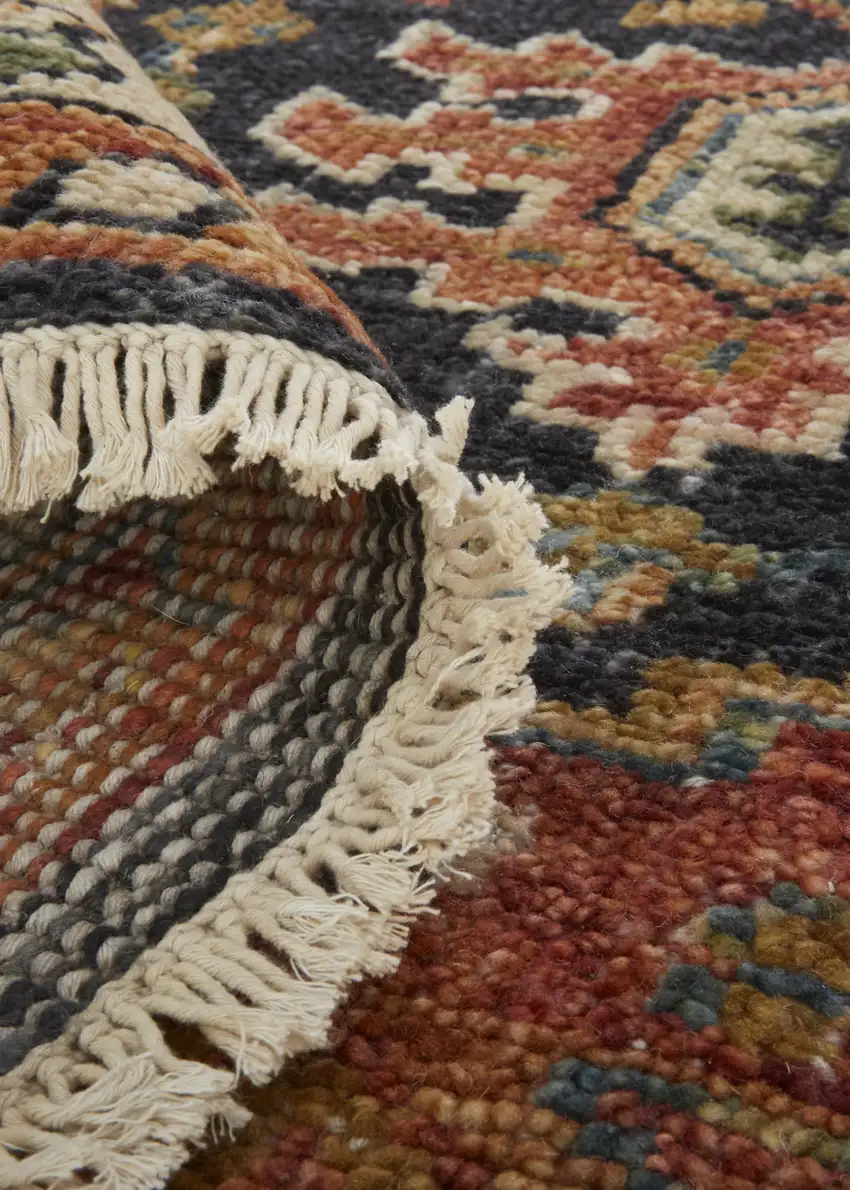Red Black And Ivory Wool Floral Hand Knotted Stain Resistant Area Rug Photo 9