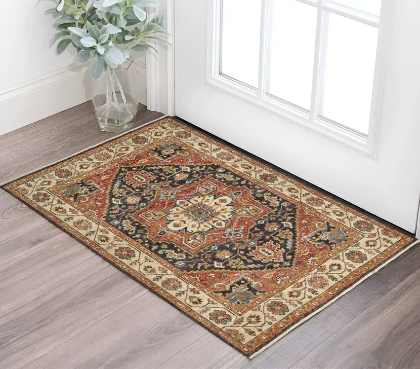Red and Black Wool Floral Hand Knotted Area Rug Photo 1