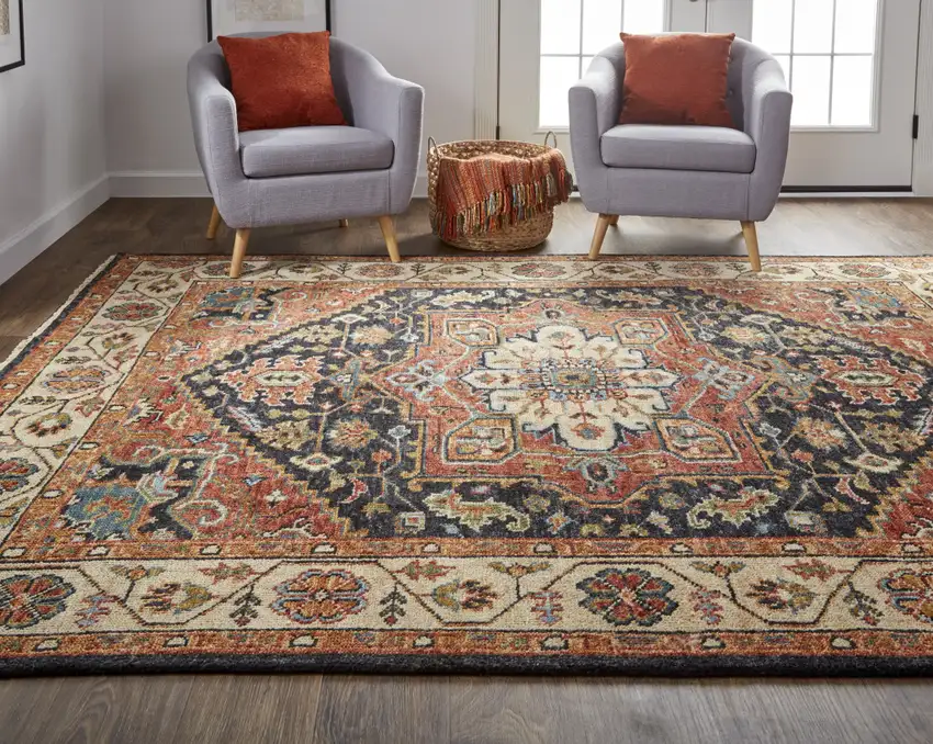 Red Black And Ivory Wool Floral Hand Knotted Stain Resistant Area Rug Photo 8