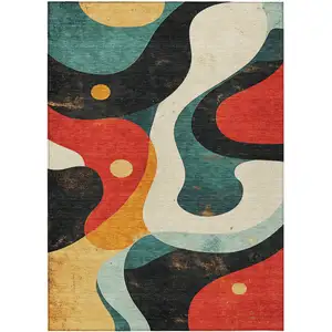 Photo of Red Black And Teal Blue Abstract Washable Indoor Outdoor Area Rug