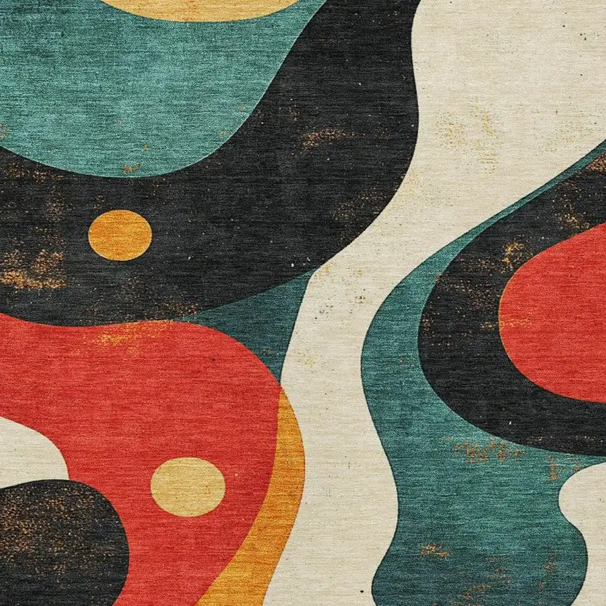 Red Black And Teal Blue Abstract Washable Indoor Outdoor Area Rug Photo 6