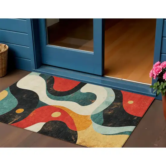 Red Black And Teal Blue Abstract Washable Indoor Outdoor Area Rug Photo 2