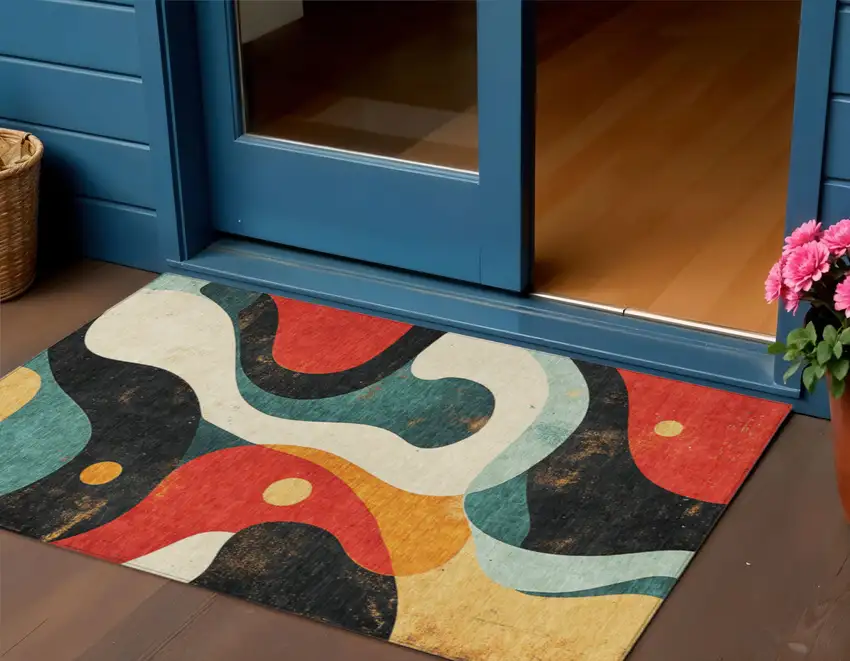 Red Black And Teal Blue Abstract Washable Indoor Outdoor Area Rug Photo 2