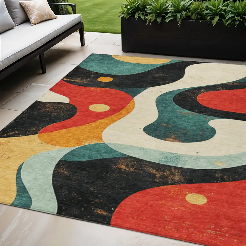 Red Black And Teal Blue Abstract Washable Indoor Outdoor Area Rug Photo 2