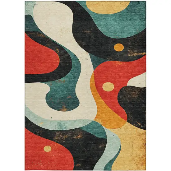Red Black And Teal Blue Abstract Washable Indoor Outdoor Area Rug Photo 3