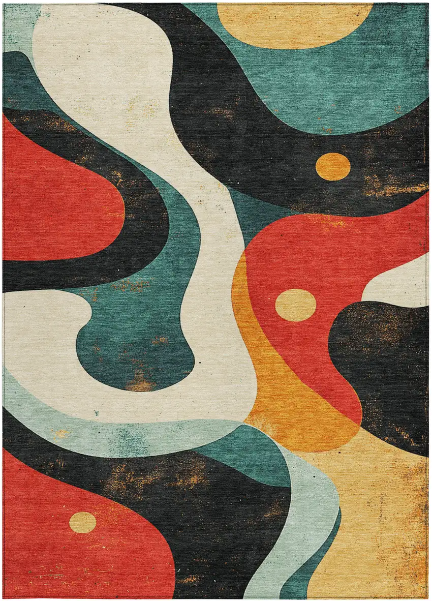 Red Black And Teal Blue Abstract Washable Indoor Outdoor Area Rug Photo 3