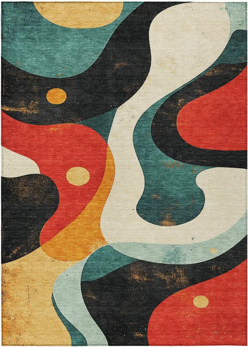 Red Black And Teal Blue Abstract Washable Indoor Outdoor Area Rug Photo 1