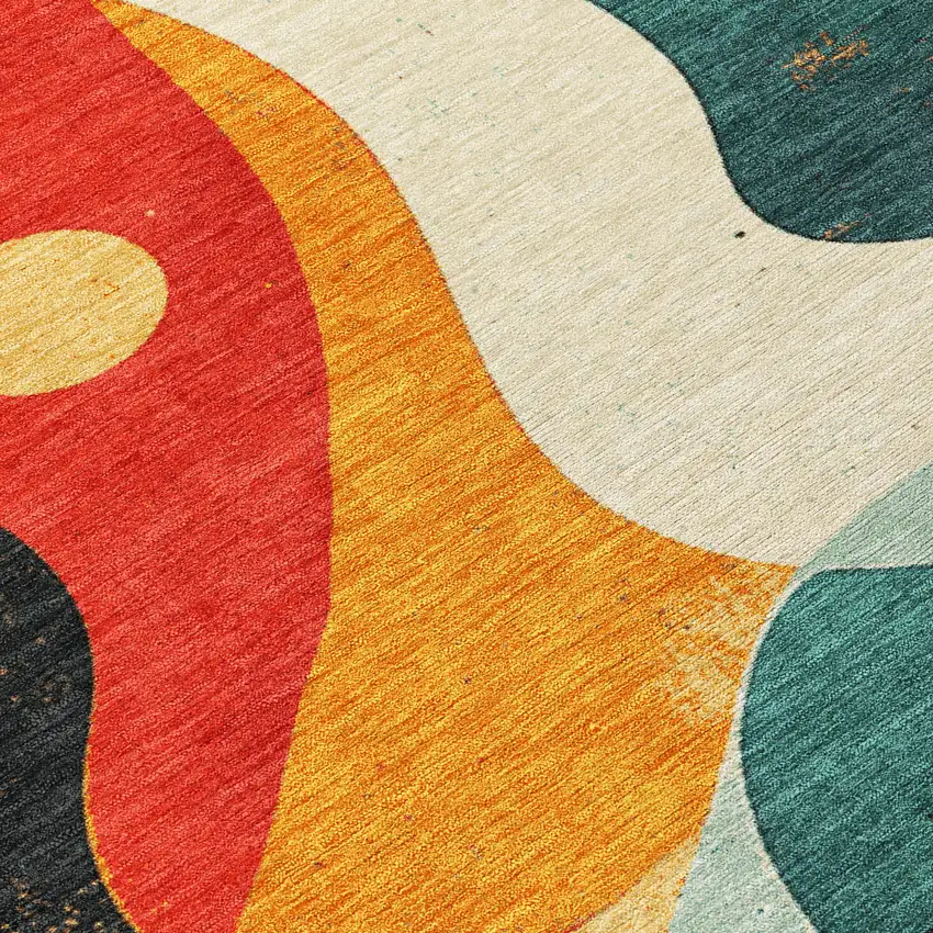 Red Black And Teal Blue Abstract Washable Indoor Outdoor Area Rug Photo 6