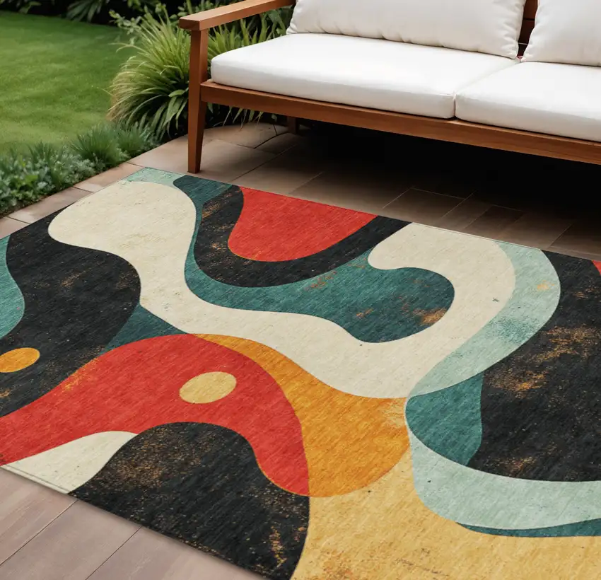 Red Black And Teal Blue Abstract Washable Indoor Outdoor Area Rug Photo 2