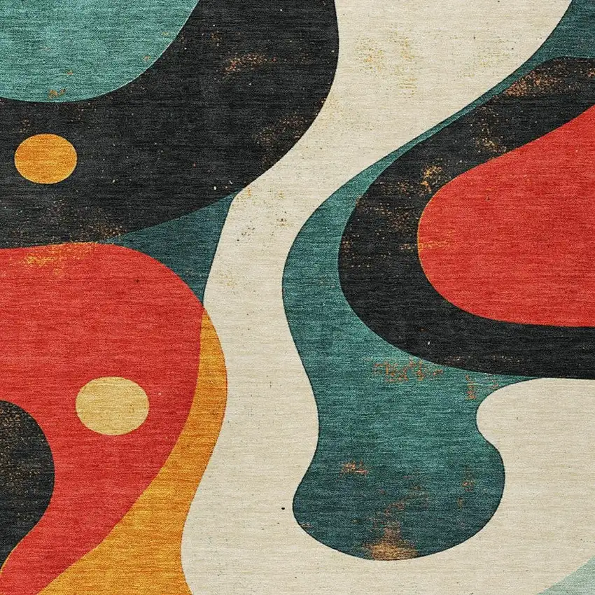 Red Black And Teal Blue Abstract Washable Indoor Outdoor Area Rug Photo 6