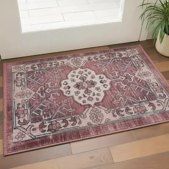 Red Black And White Floral Distressed Area Rug Photo 1