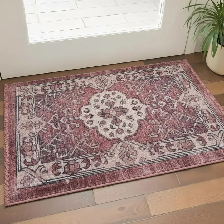 Red Black And White Floral Distressed Area Rug Photo 1