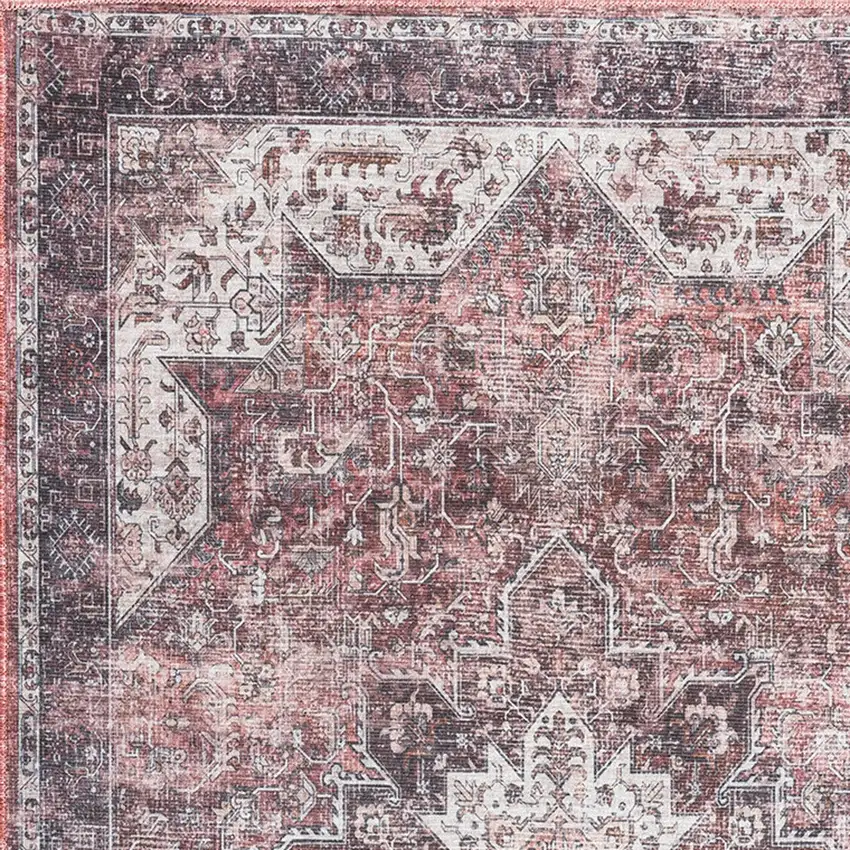 Red Black And White Floral Distressed Area Rug Photo 8