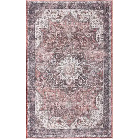 Red Black And White Floral Distressed Area Rug Photo 7