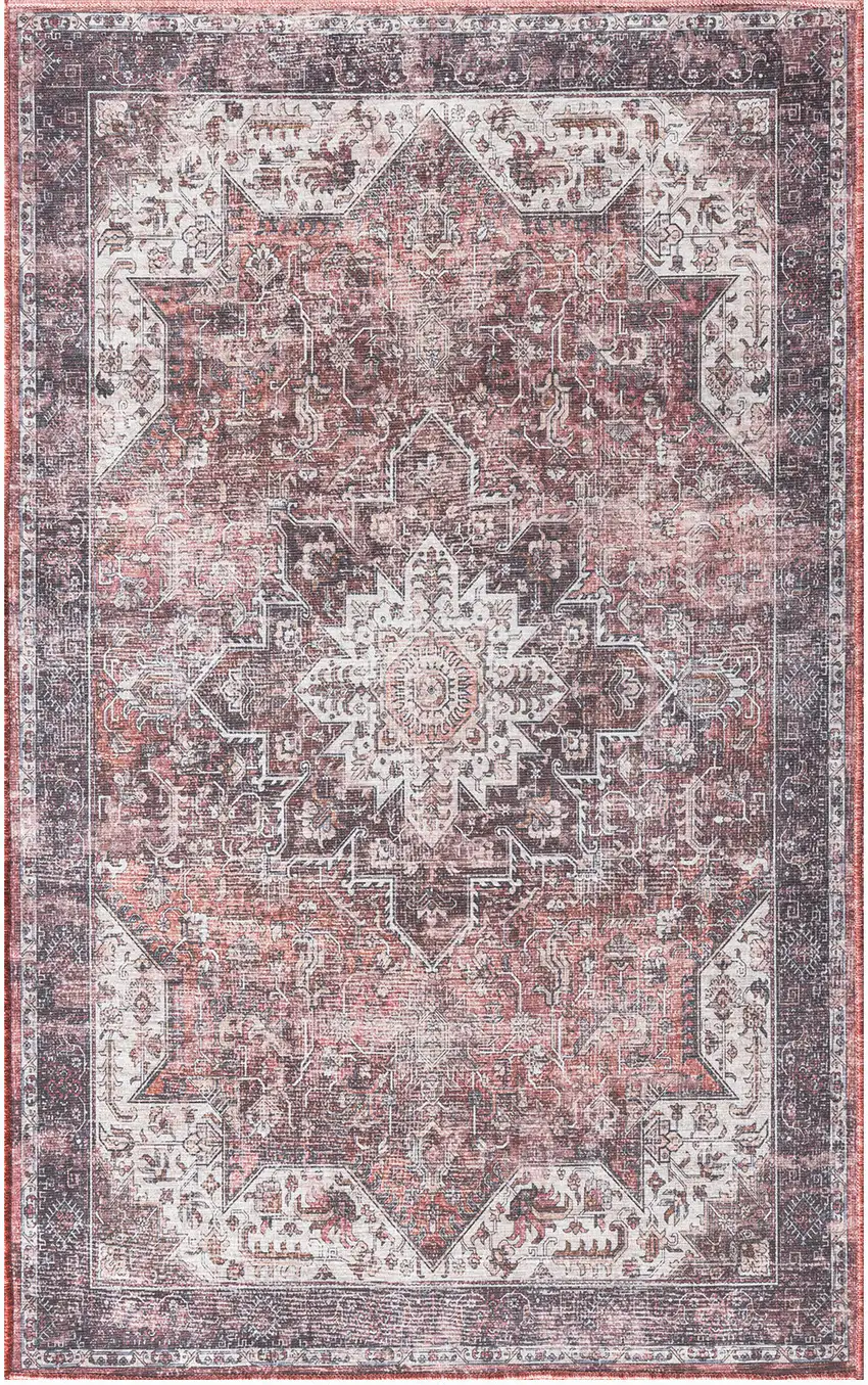 Red Black And White Floral Distressed Area Rug Photo 7