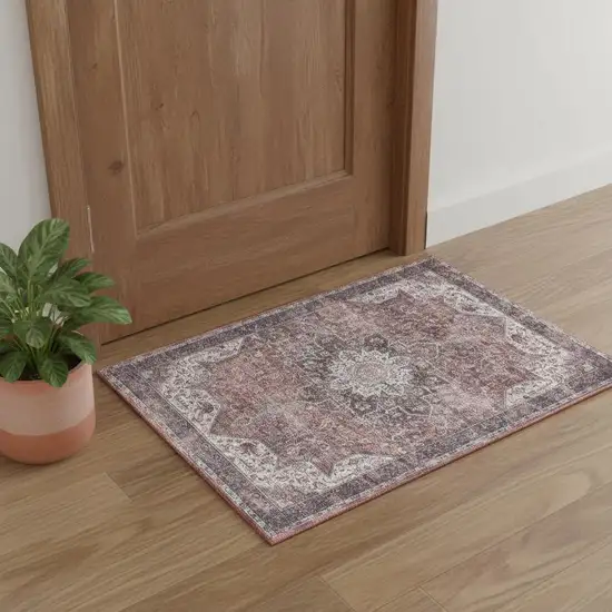 Red Black And White Floral Distressed Area Rug Photo 1