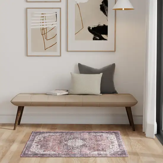 Red Black And White Floral Distressed Area Rug Photo 4