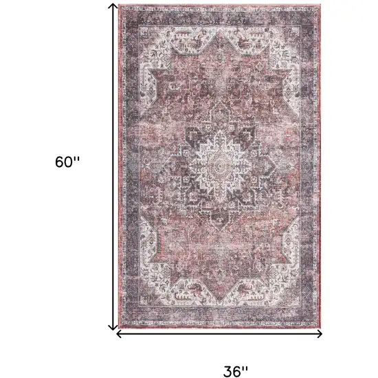 Red Black And White Floral Distressed Area Rug Photo 3