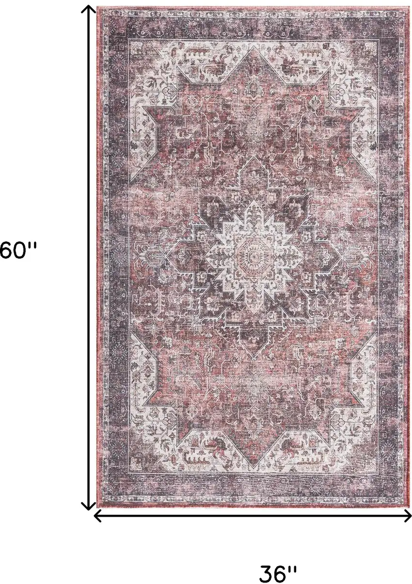 Red Black And White Floral Distressed Area Rug Photo 3