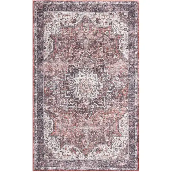 Red Black And White Floral Distressed Area Rug Photo 6