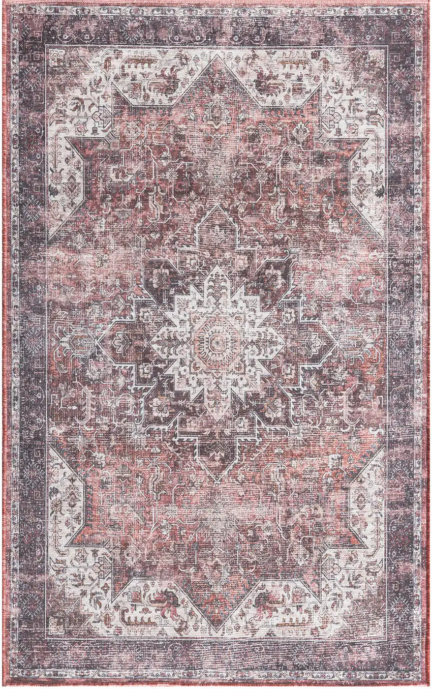 Red Black And White Floral Distressed Area Rug Photo 6