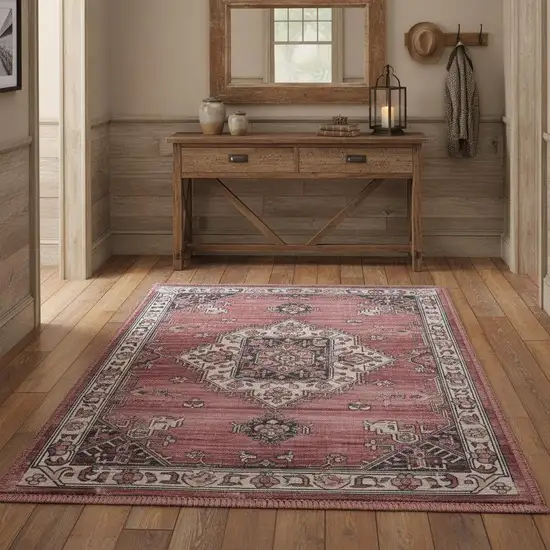 Red Black And White Floral Distressed Area Rug Photo 1