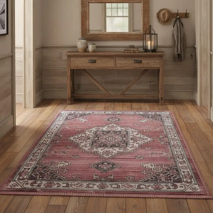 Red Black And White Floral Distressed Area Rug Photo 1