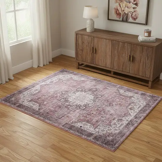 Red Black And White Floral Distressed Area Rug Photo 1