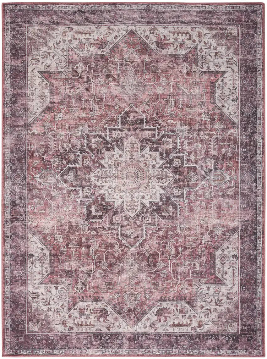 Red Black And White Floral Distressed Area Rug Photo 8