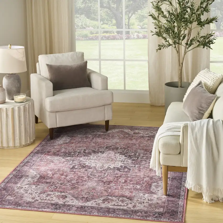 Red Black And White Floral Distressed Area Rug Photo 7